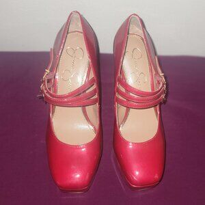 This is a Jessica Simpson Darena patent Mary Jane platform pump in richest Red